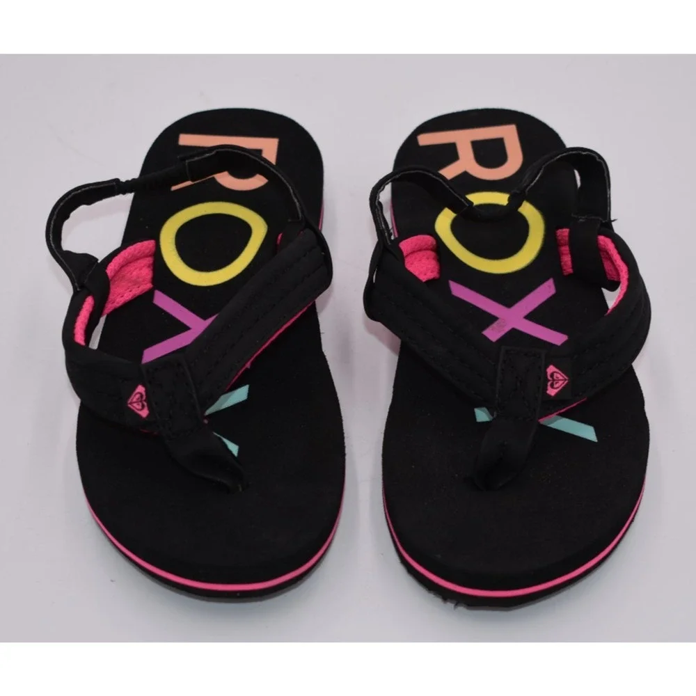 ROXY Vista 3 Point Thong Sandal Flip Flop Black & Pink Youth Kids Toddlers US 10